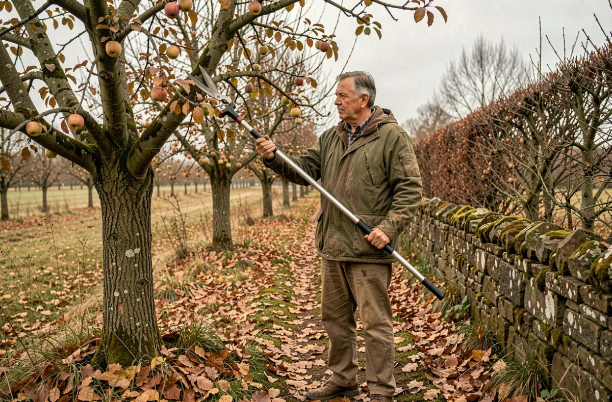 Homme en train de tailler un pommier mature dans un verger de campagne en automne, entouré de feuilles tombées et de haies dénudées