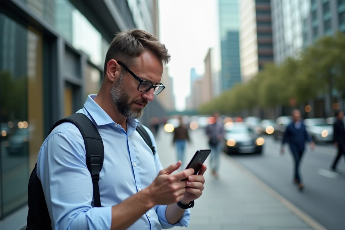 Homme d age moyen regardant son smartphone dans la ville
