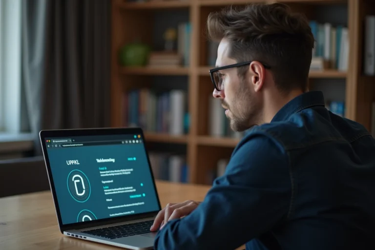 Homme vérifiant les paramètres de sécurité de connexion sur un ordinateur portable dans un bureau à domicile