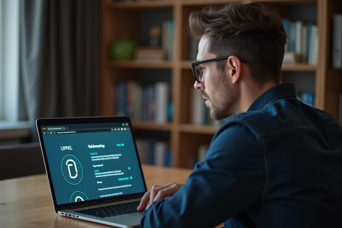 Homme vérifiant les paramètres de sécurité de connexion sur un ordinateur portable dans un bureau à domicile