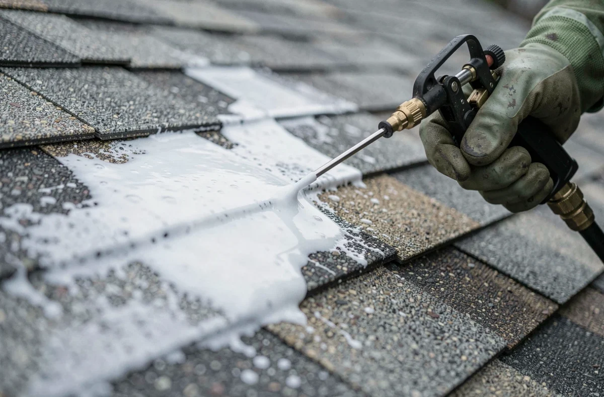 Application d'un produit imperméabilisant sur des bardeaux d'asphalte à l'aide d'un pulvérisateur à pompe sur une toiture en shingle