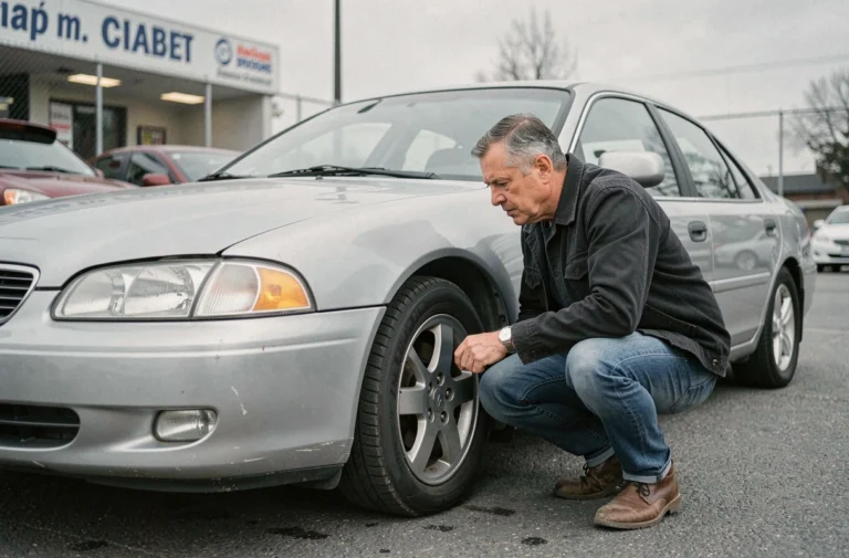 Homme inspectant une voiture d'occasion dans un parking de concessionnaire, vérifiant l'état de la carrosserie avant l'achat