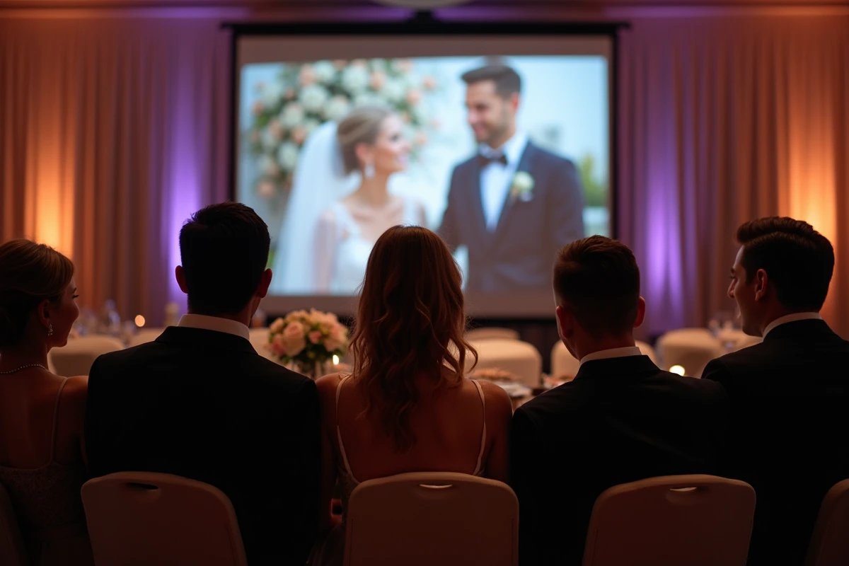 Invités de mariage émus regardant un diaporama projeté lors de la réception