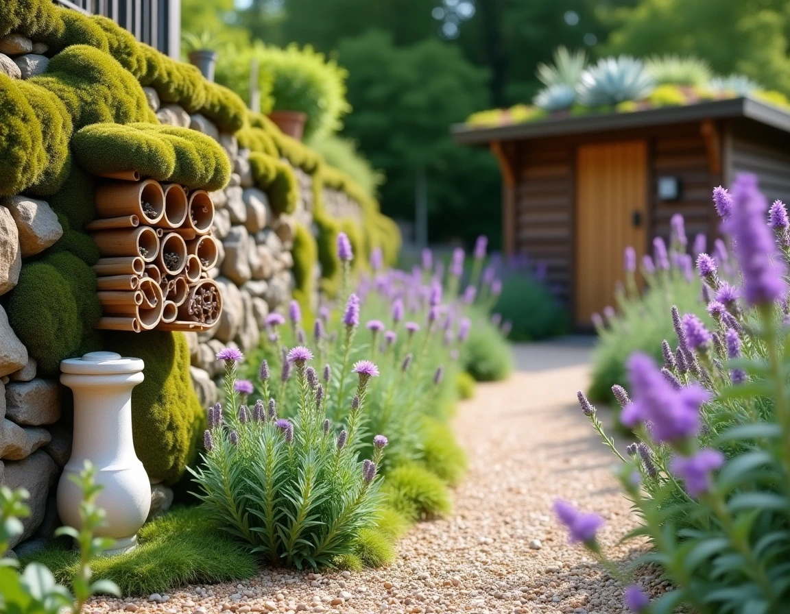 Jardin écologique avec muret en pierre sèche, hôtel à insectes, allée de gravier et plantes sauvages colorées