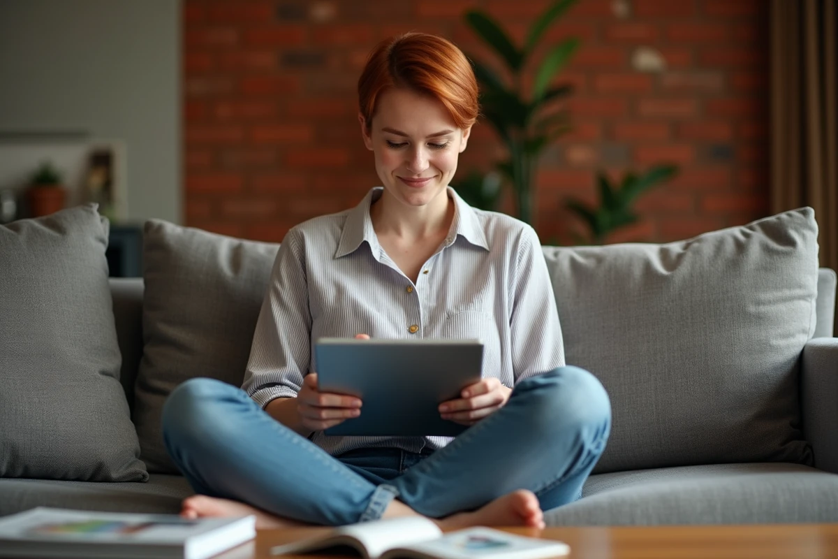Jeune femme explorant le plan du site Labo Linux sur une tablette dans un salon confortable et moderne