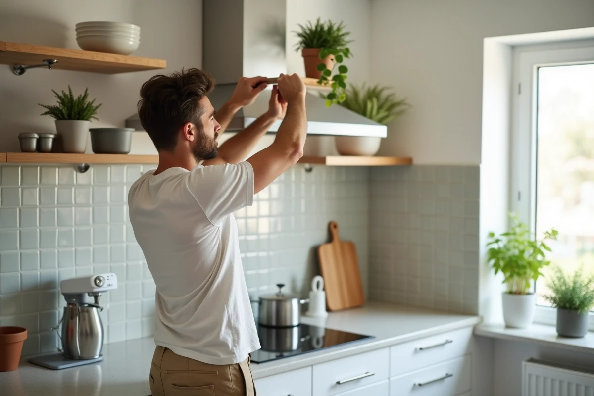 Jeune homme posant une étagère flottante dans la cuisine