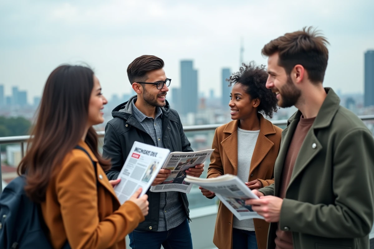 Jeunes adultes discutant sur un toit avec magazines et tablettes