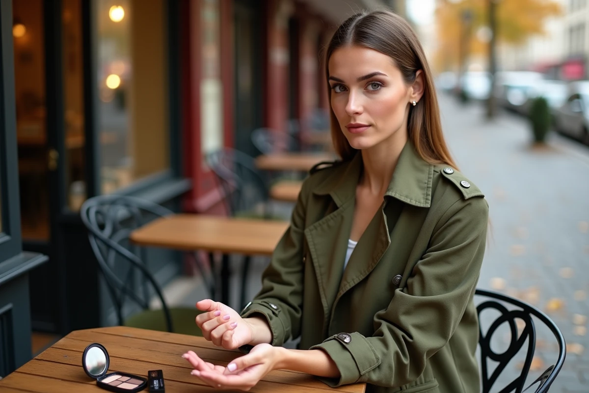 Femme testant des teintes de maquillage sur sa main dans un café parisien en automne, tendances beauté maquillage minimaliste