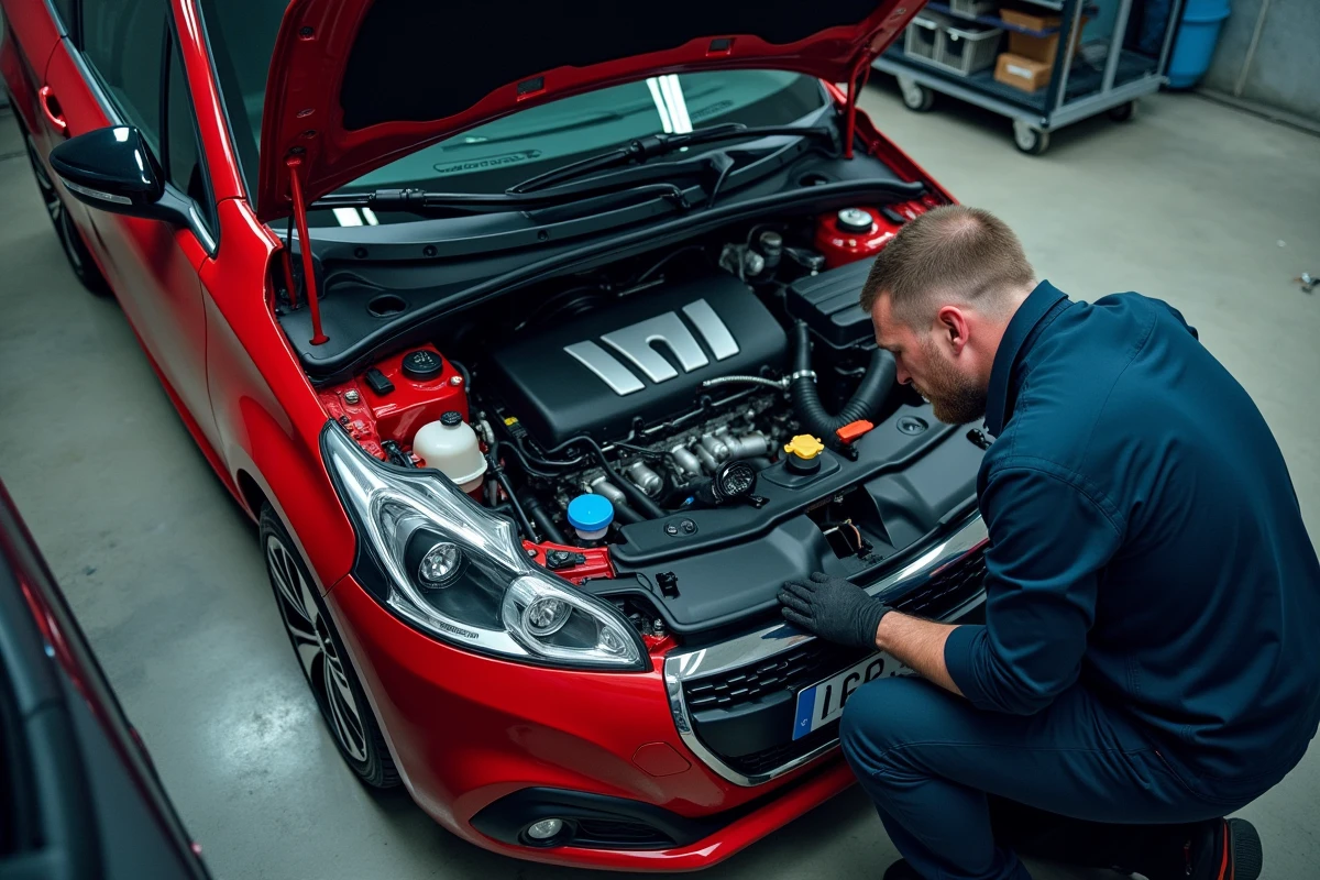 Mécanicien inspectant le moteur turbo d'une Peugeot 208 GTI dans un atelier, en lien avec le choix du carburant optimal