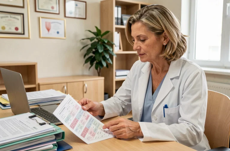Médecin femme analysant des résultats de bilan hépatique avec des valeurs de transaminases ALAT et SGPT sur une feuille d'analyse sanguine dans un cabinet médical moderne
