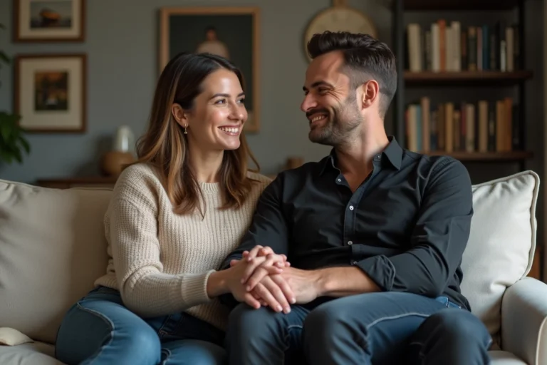 Homme et femme détendus dans un salon chaleureux
