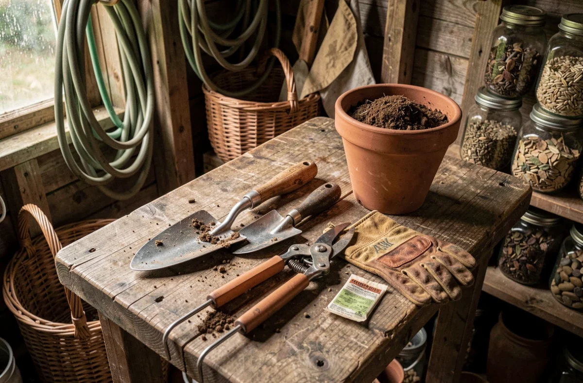 Outils de jardinage disposés sur un établi en bois dans un abri de jardin rustique, avec des graines, un pot en terre cuite et un gant de jardinage usé