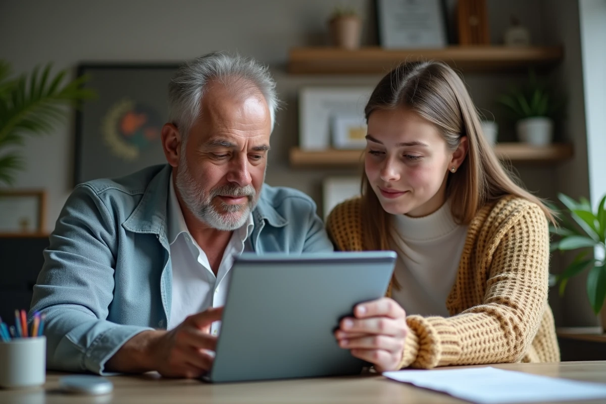 Père et fille discutant devant un ordinateur dans un bureau à domicile