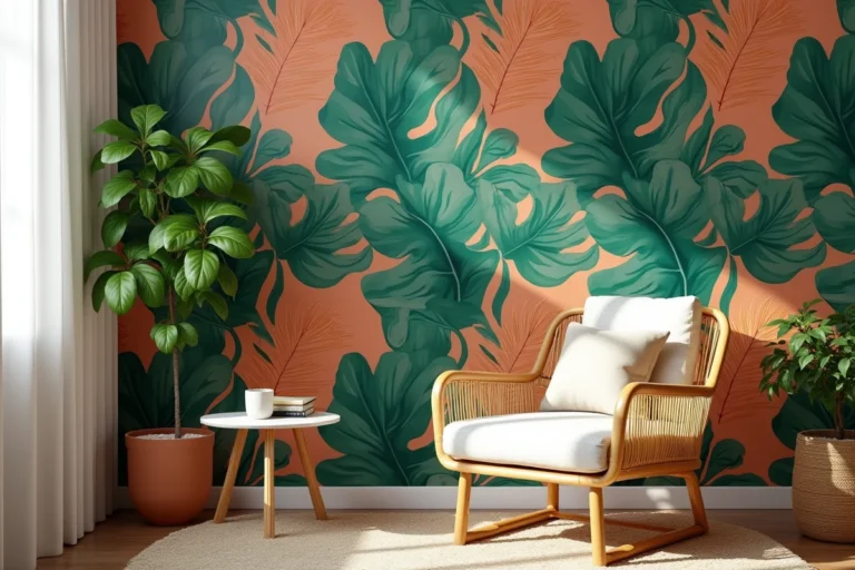 Salon décoré avec un papier peint botanique à grandes feuilles tropicales vertes et terracotta sur un mur d'accent