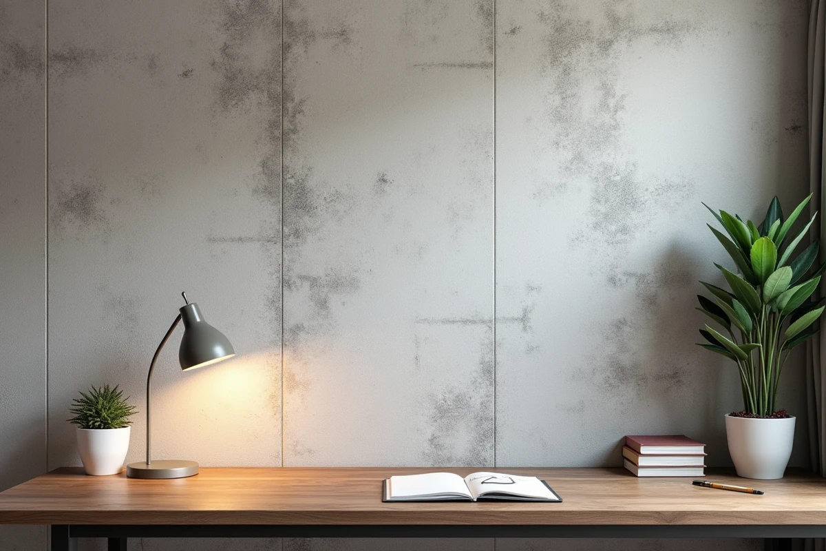 Bureau à domicile avec papier peint effet béton brut et plâtre gris sur le mur du fond derrière un bureau en noyer