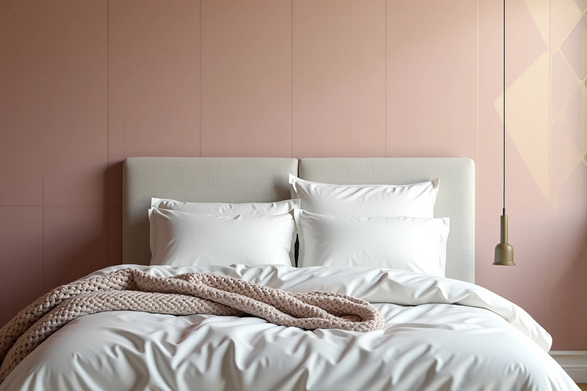 Chambre à coucher avec papier peint géométrique rose poudré et or antique derrière un lit scandinave en lin