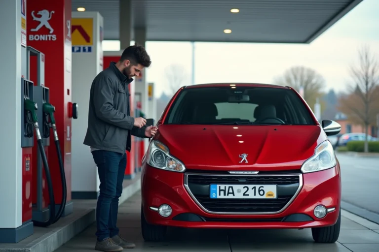 Homme faisant le plein d'une Peugeot 208 GTI rouge à une station-service, hésitant entre SP95 et SP98