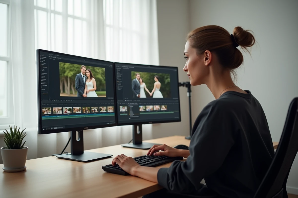 Photographe professionnelle en train de monter un diaporama de mariage sur son poste de travail