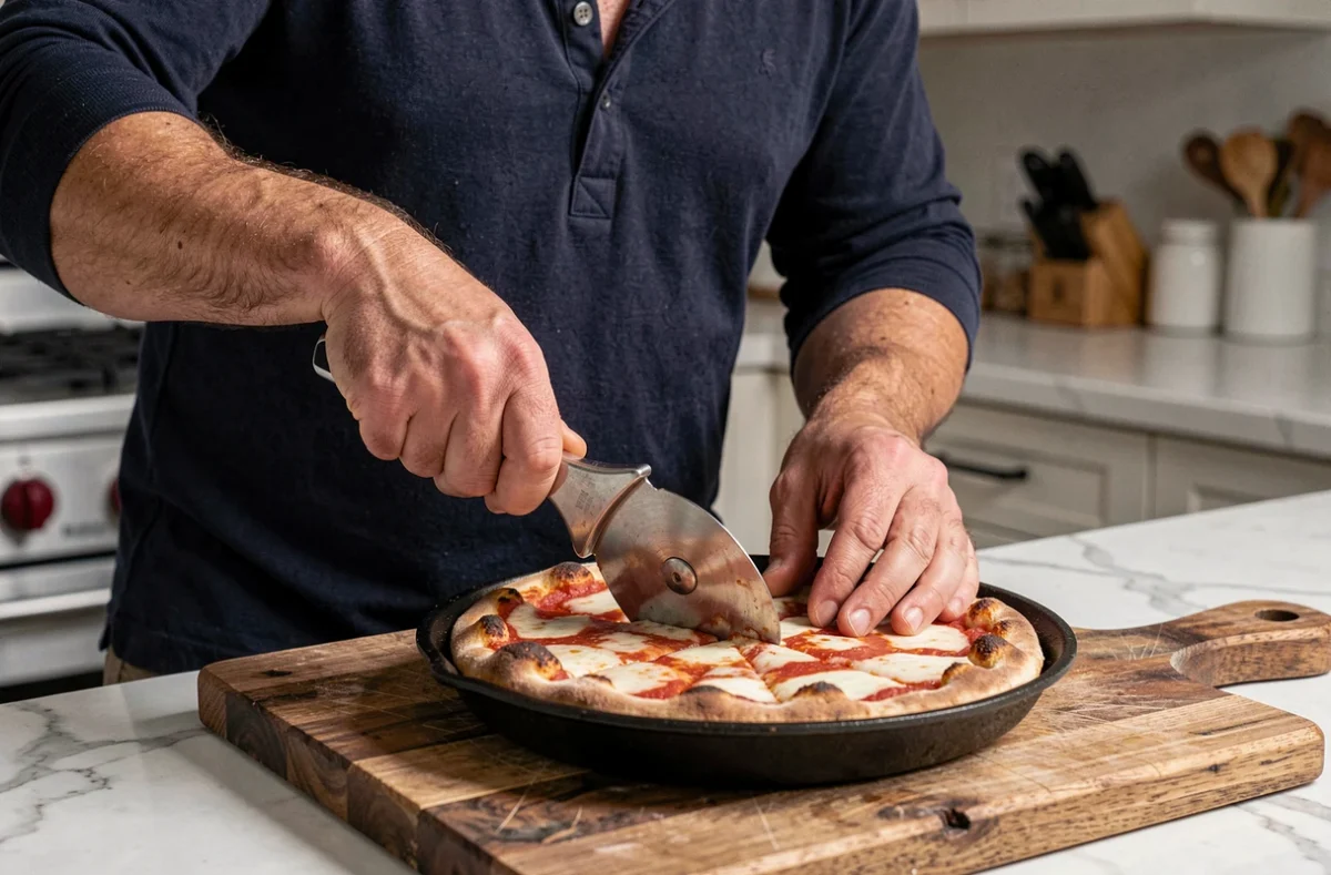 Homme découpant une pizza cuite à la poêle bien dorée sur une planche en bois dans une cuisine moderne
