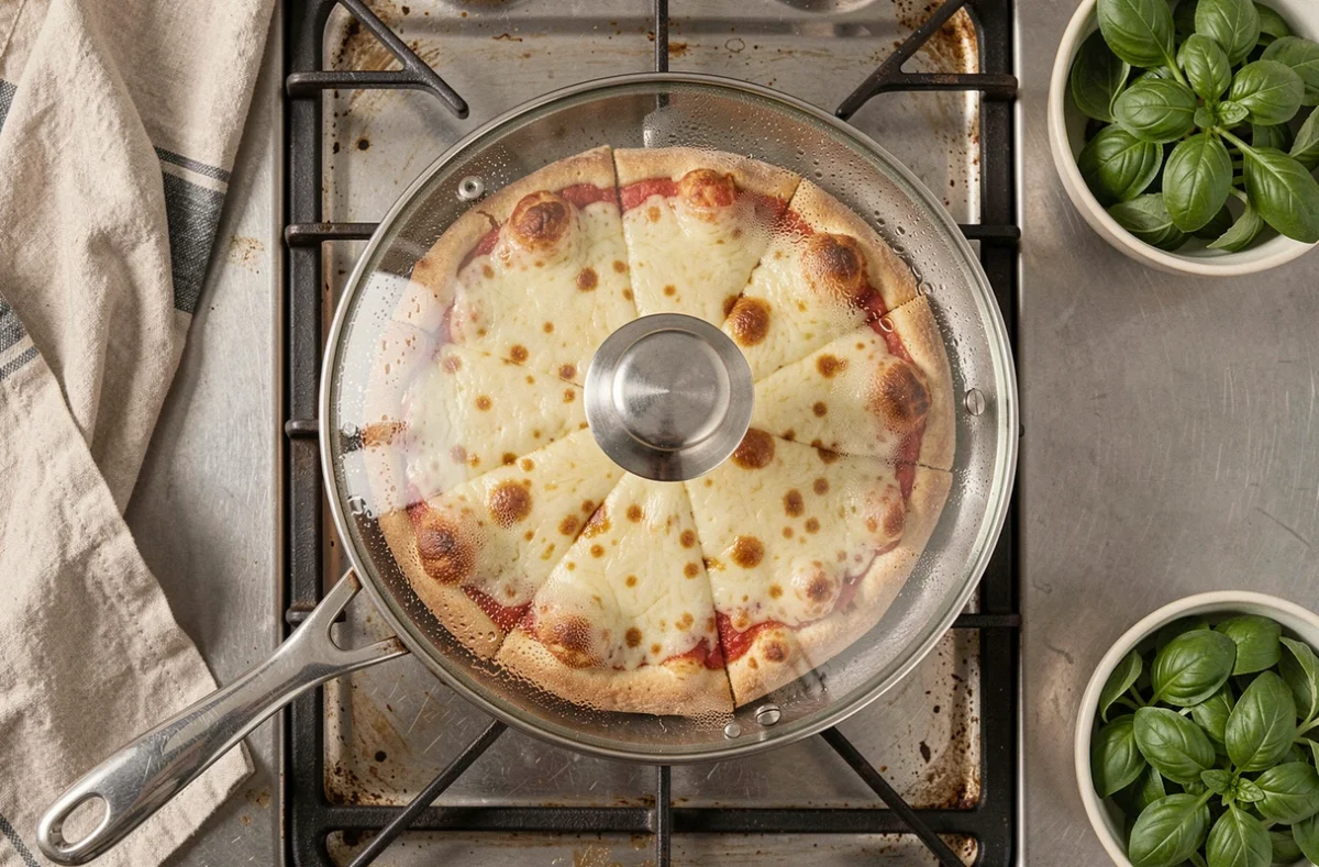Pizza surgelée en train de cuire dans une poêle couverte vue de dessus avec de la condensation sur le couvercle