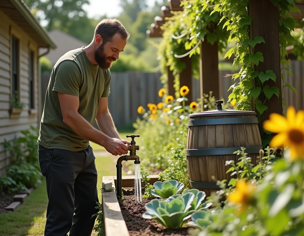 Homme utilisant une récupérateur d'eau de pluie pour arroser un massif de vivaces dans un jardin écologique aménagé