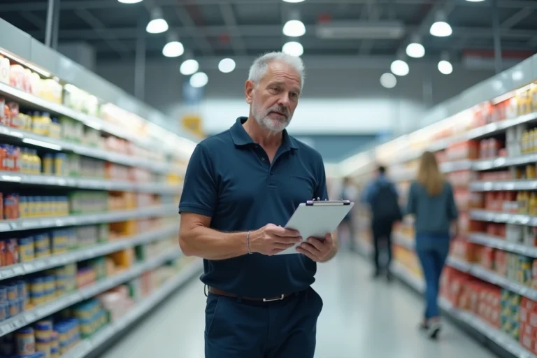 Responsable de supermarché Aldi dans un rayon avec des produits à marque propre en packaging minimaliste
