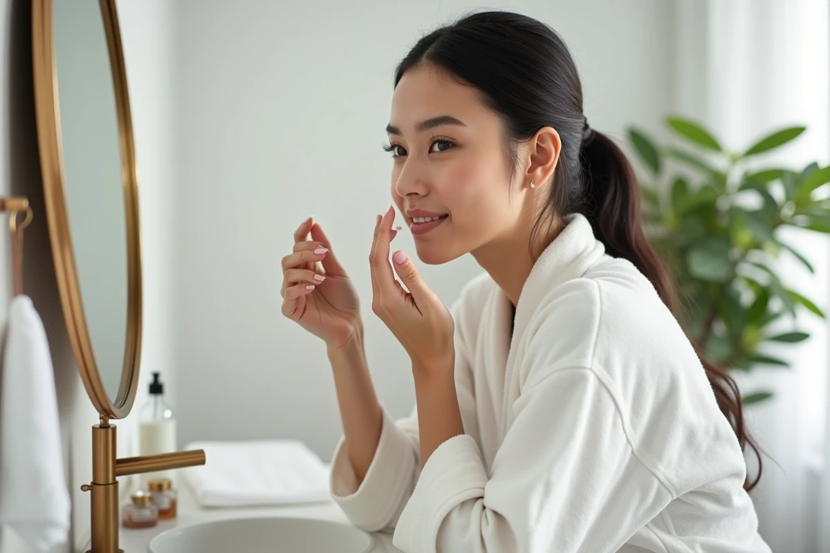 Femme appliquant un sérum sur sa peau dans une salle de bain minimaliste scandinave, routine beauté quotidienne