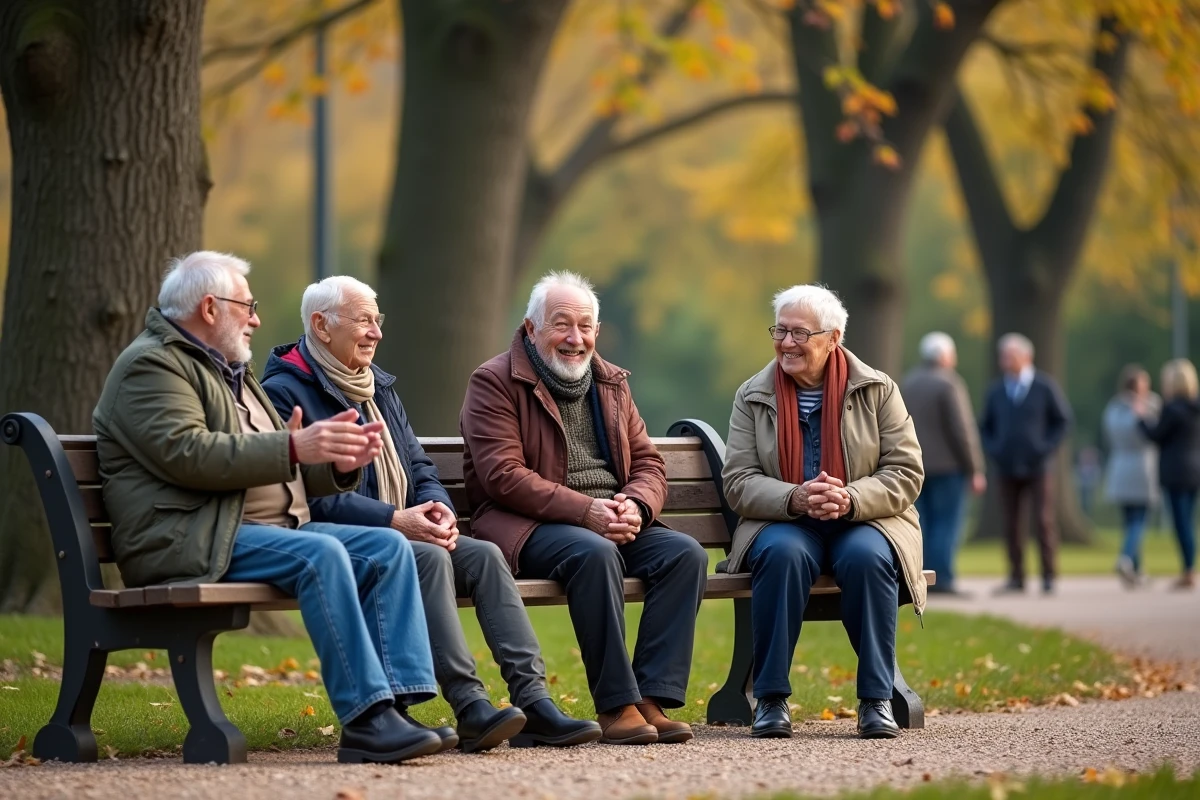 Groupe de seniors réunis dans un jardin public en automne, échangeant et partageant des moments de solidarité et de lien social au quotidien