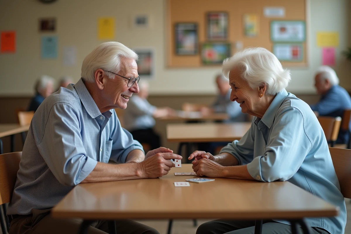 Un homme et une femme seniors jouant à un jeu de société dans un centre communautaire, illustrant le partage et le lien intergénérationnel entre personnes âgées