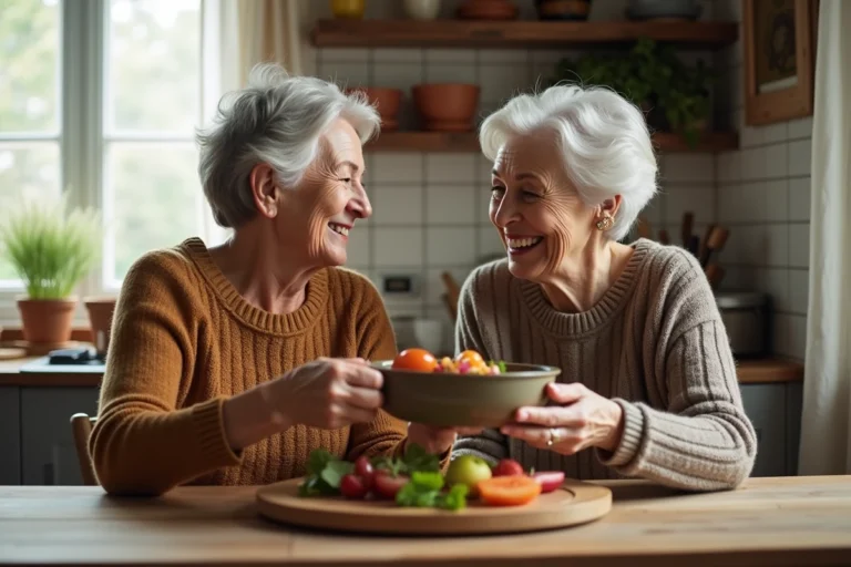 Deux femmes seniors partageant un repas fait maison dans une cuisine chaleureuse, symbole de solidarité et de convivialité entre personnes âgées