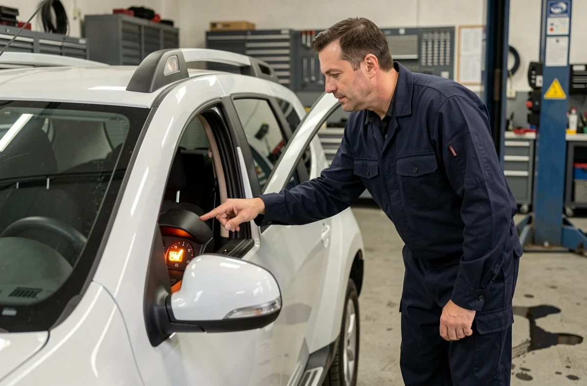 Technicien automobile pointant un voyant moteur allumé sur le tableau de bord d'une Dacia Duster dans un garage