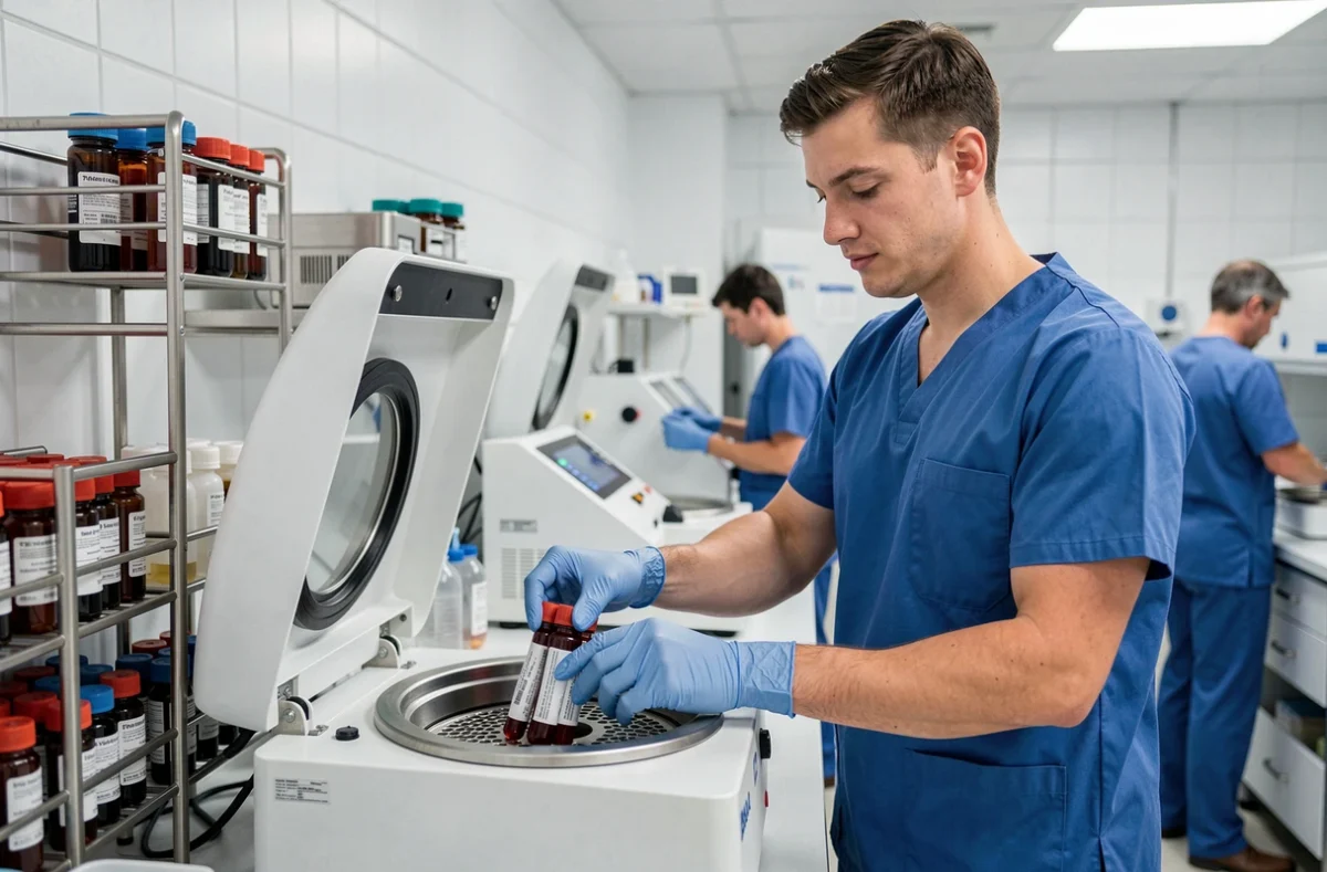Technicien de laboratoire préparant des tubes de prise de sang pour analyse des enzymes hépatiques transaminases dans un laboratoire d'analyses médicales