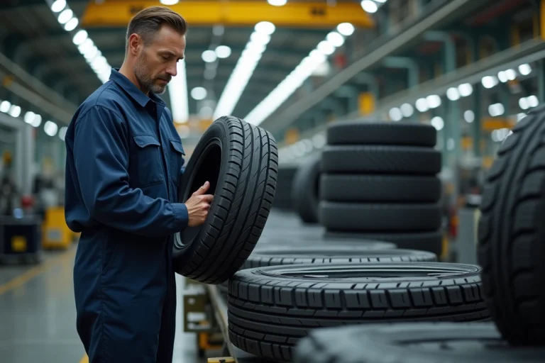 Technicien en usine inspectant des pneus neufs en ligne