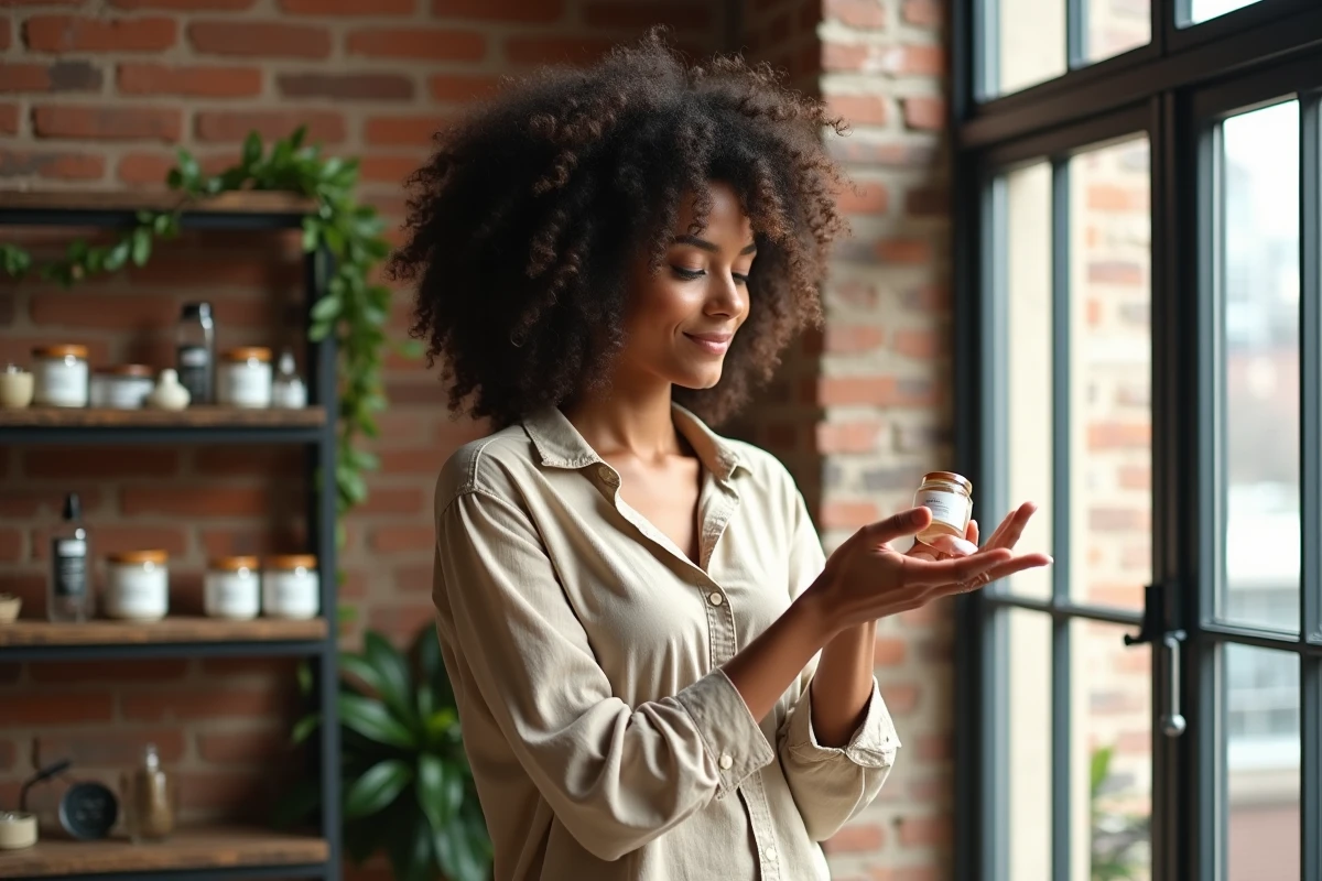 Femme aux cheveux bouclés naturels appliquant une crème coiffante dans un appartement loft urbain, tendances capillaires