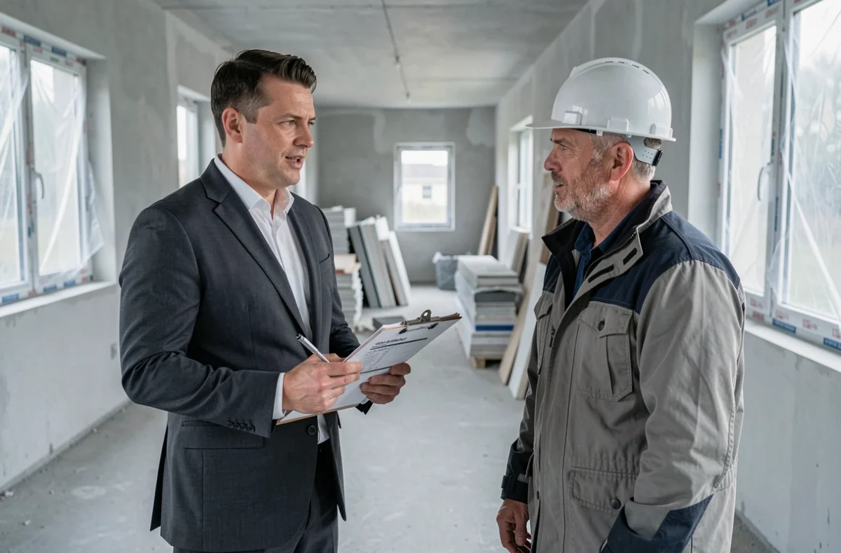 Un acheteur inspecte un appartement neuf en construction avec un responsable de chantier avant de négocier